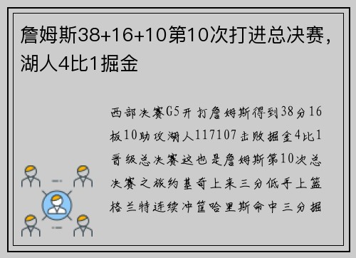 詹姆斯38+16+10第10次打进总决赛，湖人4比1掘金