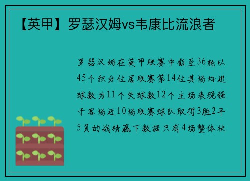 【英甲】罗瑟汉姆vs韦康比流浪者